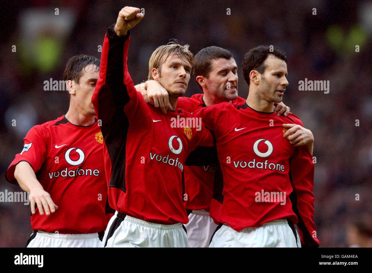(L-R) Manchester United's Gary Neville, David Beckham and Roy Keane