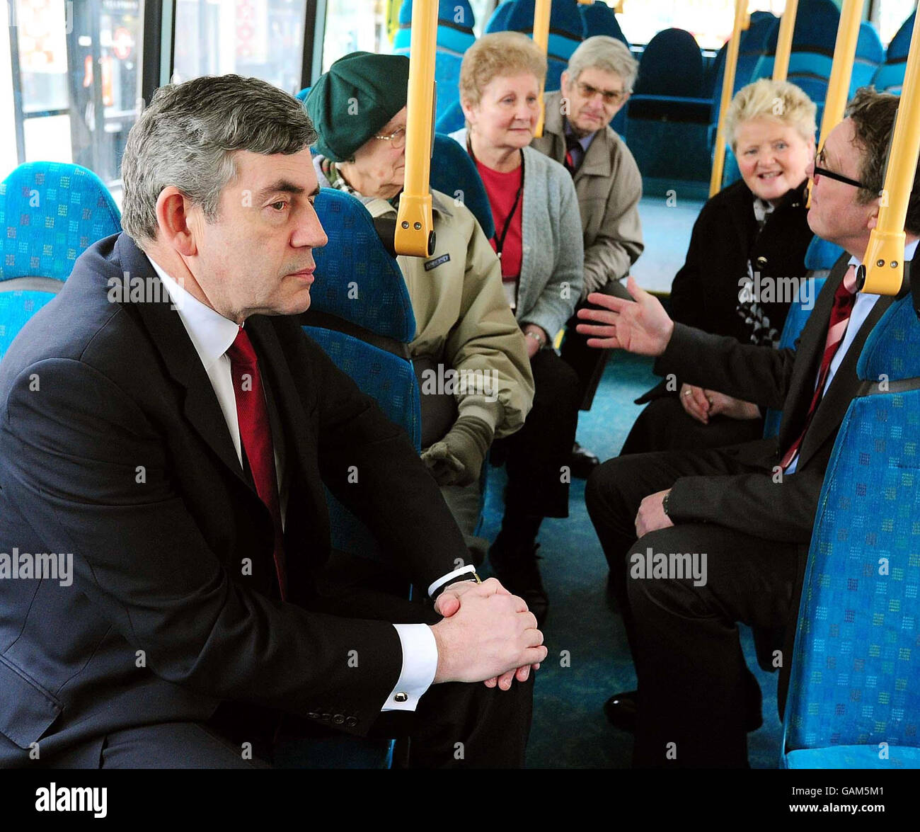 British Prime Minister Gordon Brown meets pensioners on a bus in Leicester today to talk about free bus travel. Stock Photo