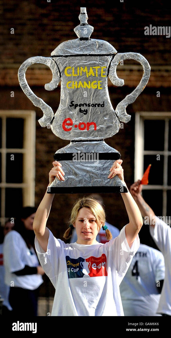 Protester Grace Kelly from London Rising Tide protest over the sponsorship of the FA Cup by power supplier e-on outside the FA headquarters in Soho Square, London. Stock Photo