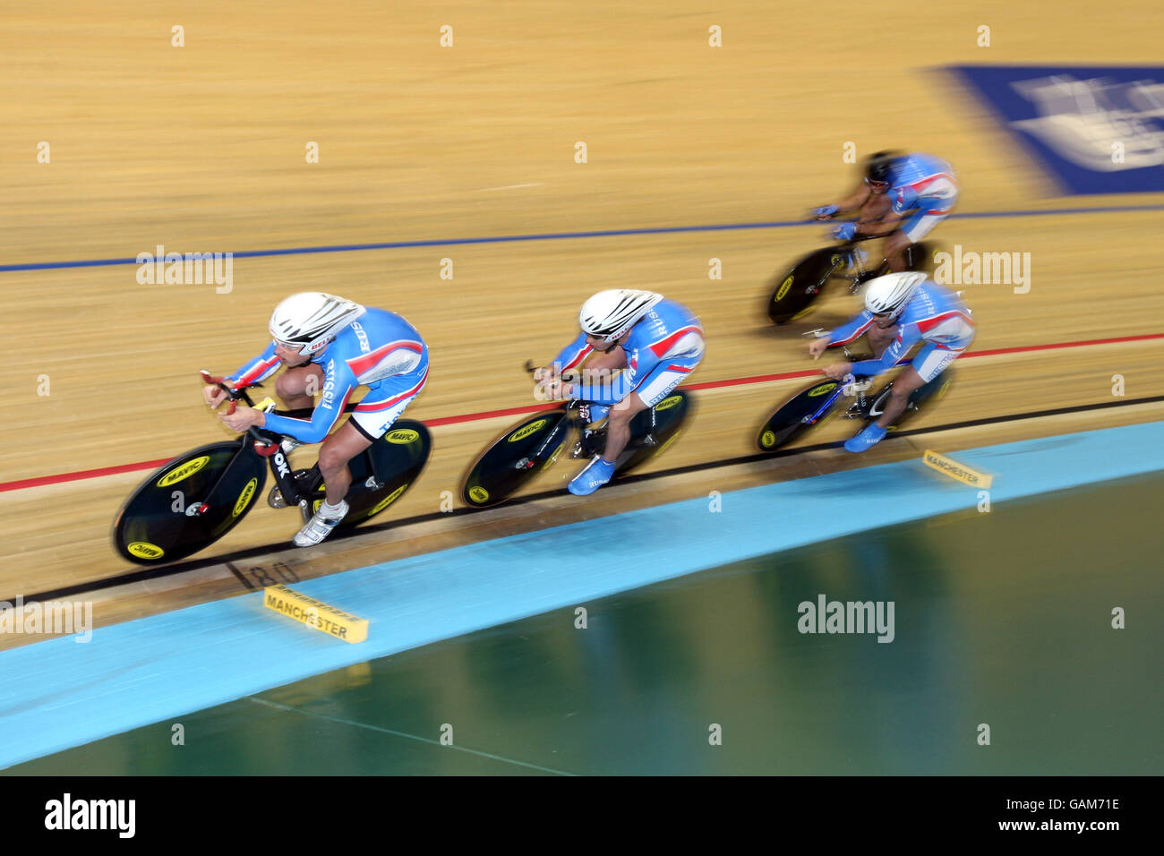 Cycling - UCI Track World Championships - Manchester Velodrome. Russia's Mikhail Ignatiev, Alexei Markov, Alexander Petrovskiy and Alexander Serov in the men's team pursuit qualifying Stock Photo