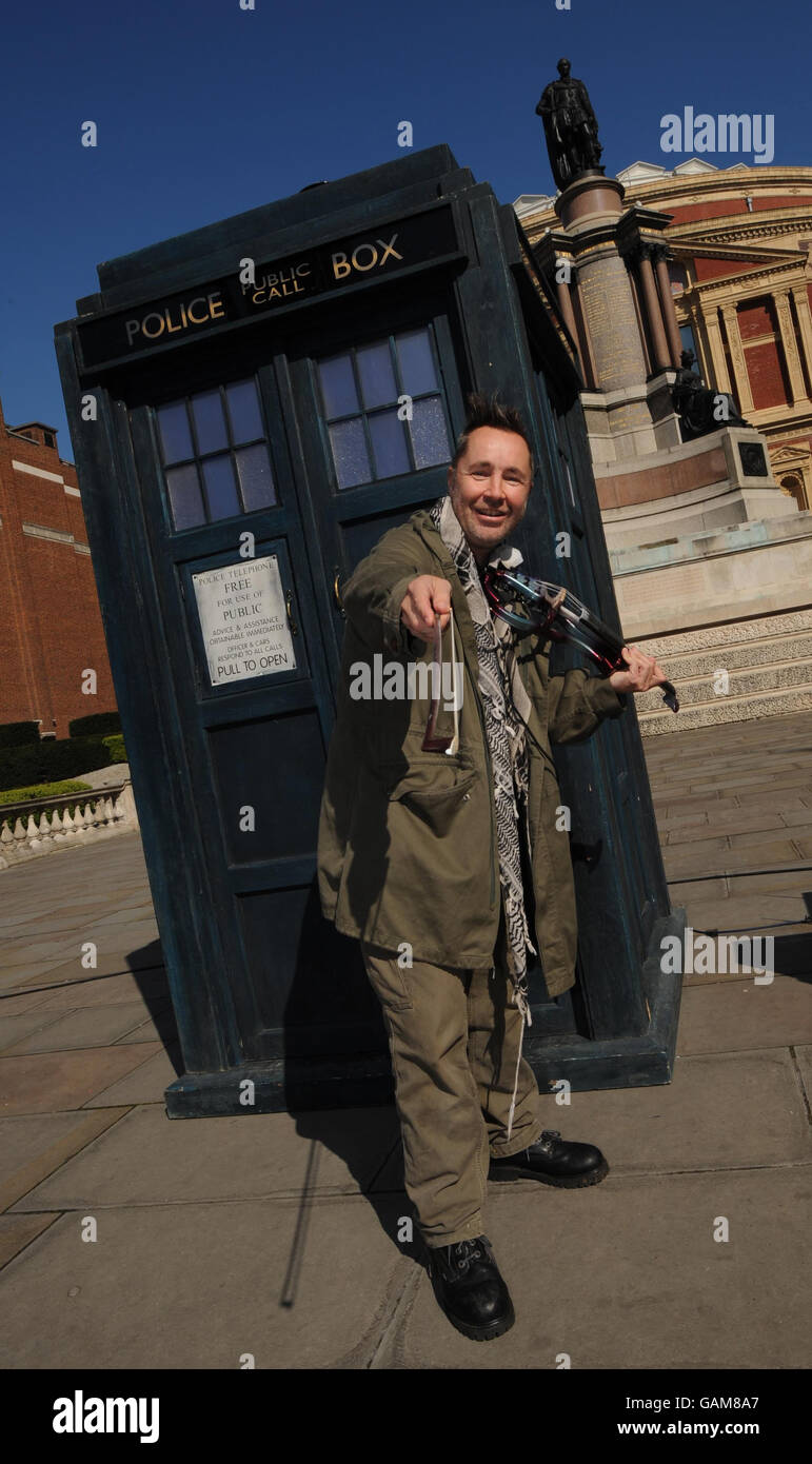 British musician Nigel Kennedy after playing the theme to the classic children's television programme Doctor Who on his electric violin outside London's Albert Hall ahead of the BBC Proms, which he will launch with the performance. Stock Photo