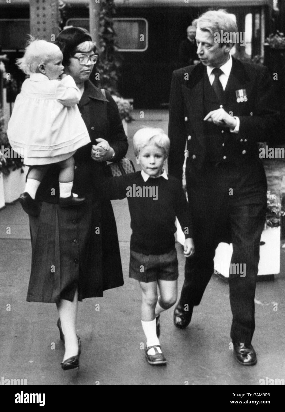 Peter Phillips and his sister Zara arriving with their nanny at Aberdeen  station. They had travelled from London on the Royal train, to begin their  summer break with the Queen at Balmoral