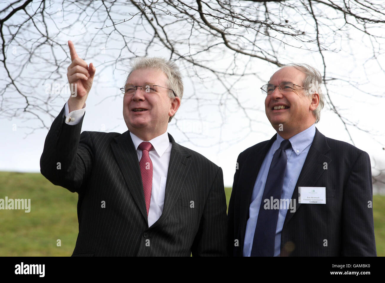 Scottish Enviroment Minister Mike Russell (left) talks to Director of the Scottish Forestry Commission Bob McIntosh before his speech at the Forestry Forum which launches it's draft climate change action plan in Edinburgh. Stock Photo