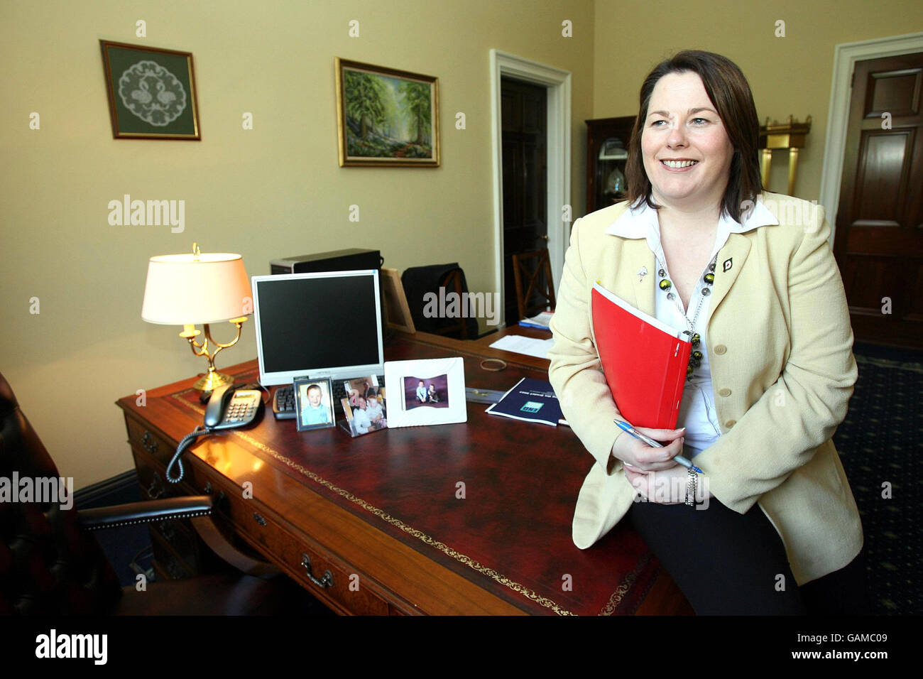Agriculture Minister Michelle Gildernew pictured in her Parliament buildings office, Stormont. She confirmed today she is due to give birth in the autumn but has vowed to carry on with her work. Stock Photo
