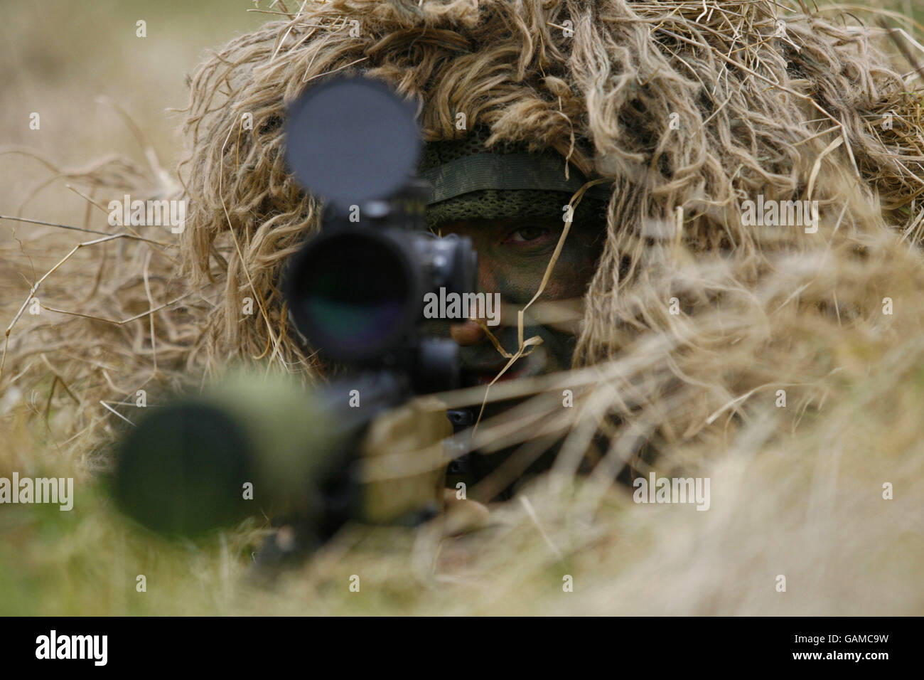 Snipers from 16 Air Assault Brigade with the latest weapon in their armoury, the Long Range Rifle L115A3 at a range at the Land Warfare Centre at Warminster, Wiltshire. Stock Photo