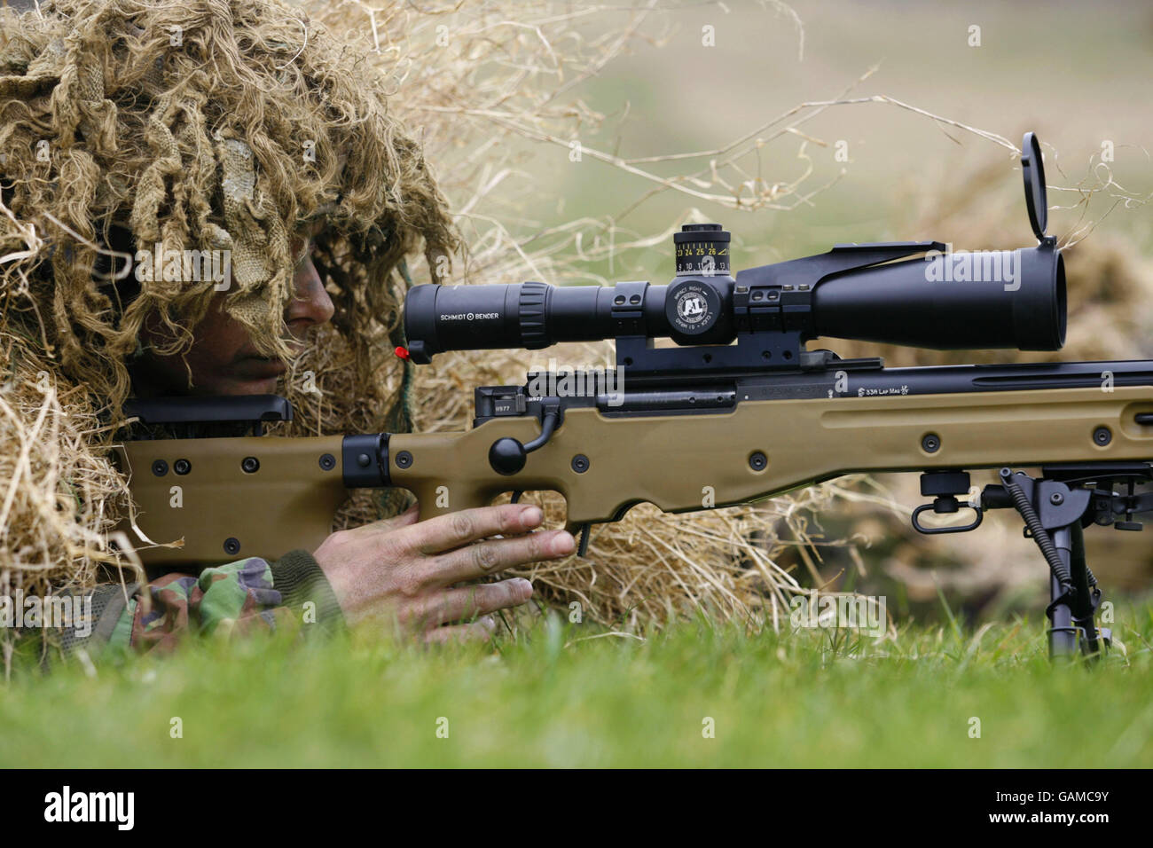 Snipers from 16 Air Assault Brigade with the latest weapon in their armoury, the Long Range Rifle L115A3 at a range at the Land Warfare Centre at Warminster, Wiltshire. Stock Photo