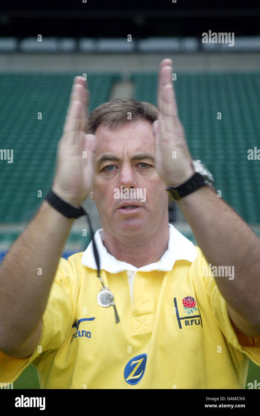 Rugby Union Referee Signals. Closing gaps in lineout Stock Photo Alamy
