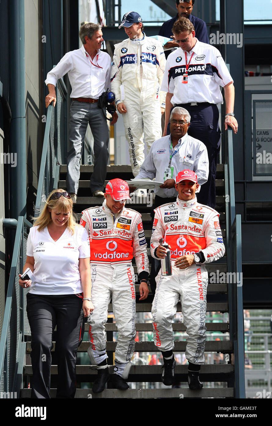 Great Britain's Lewis Hamilton celebrates his pole position during qualifying at Albert Park, Melbourne, Australia. Stock Photo