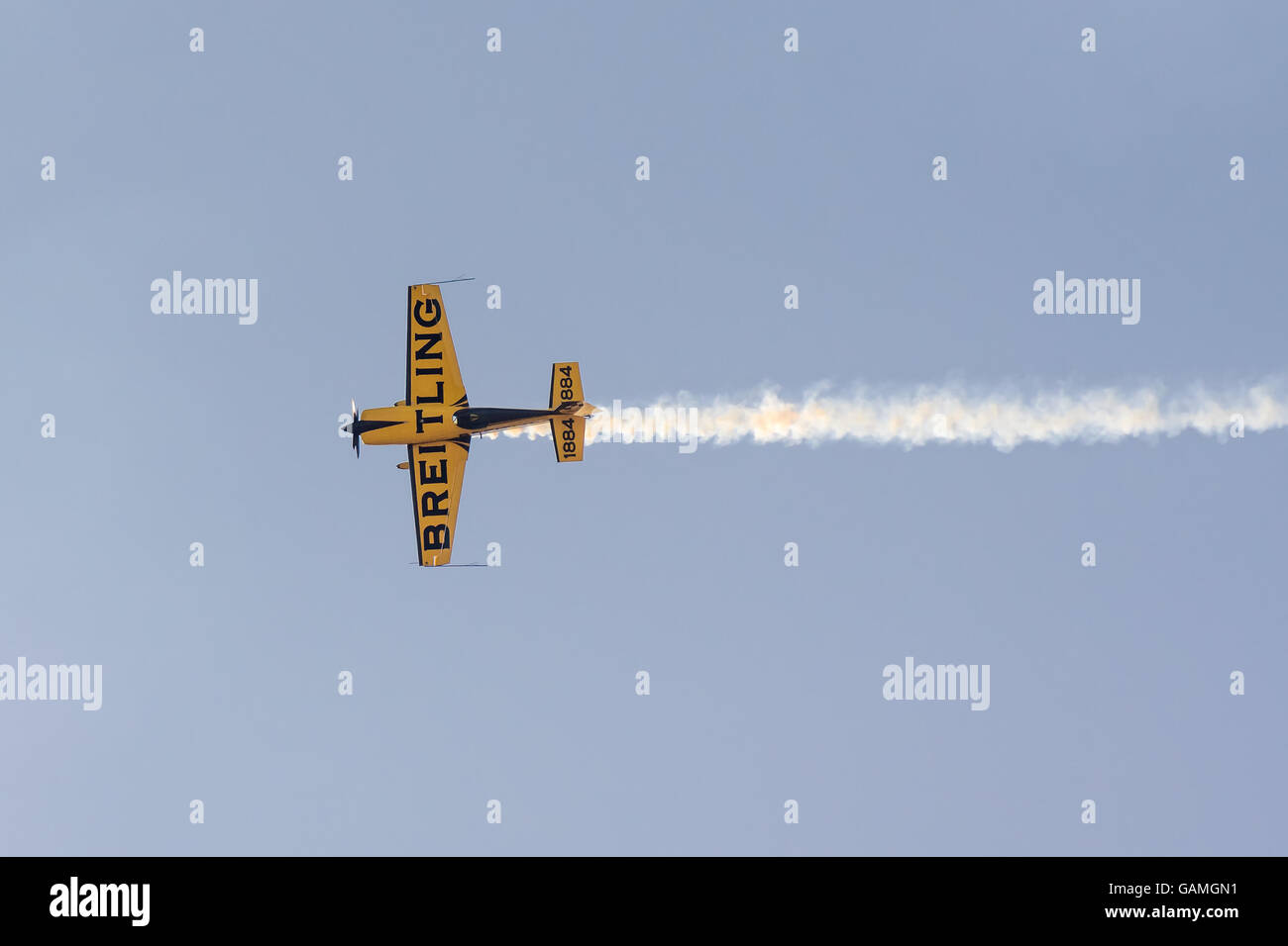 Athens, Greece 13 September 2015. Close up of an aviator plane doing aerobatics at the Athens air week flying show. Stock Photo