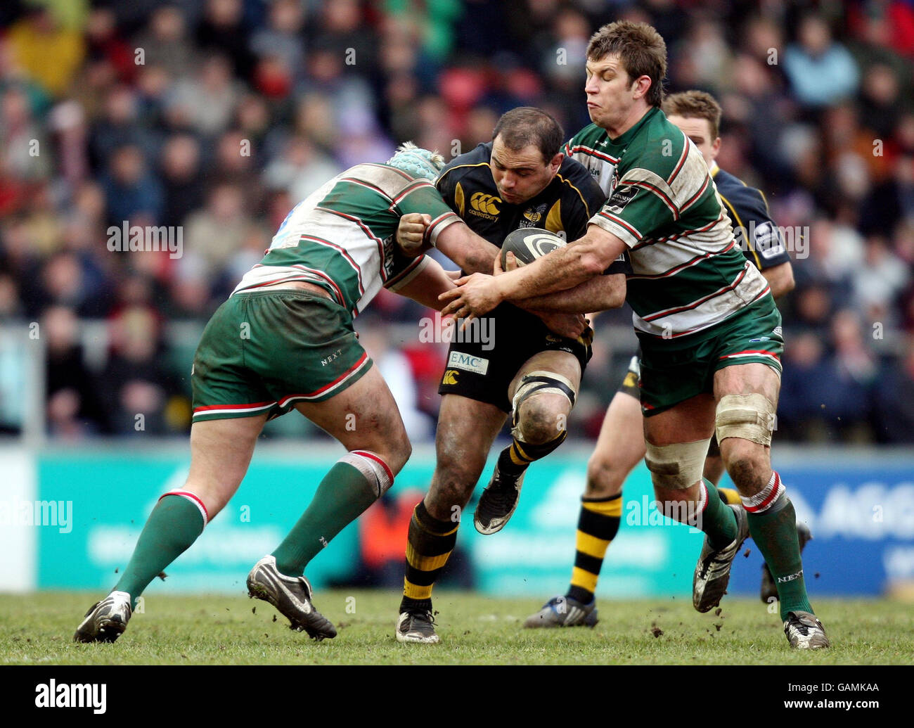 Wasps Raphael Ibanez is tackled by Jordan Crane and Louis Deacon of ...
