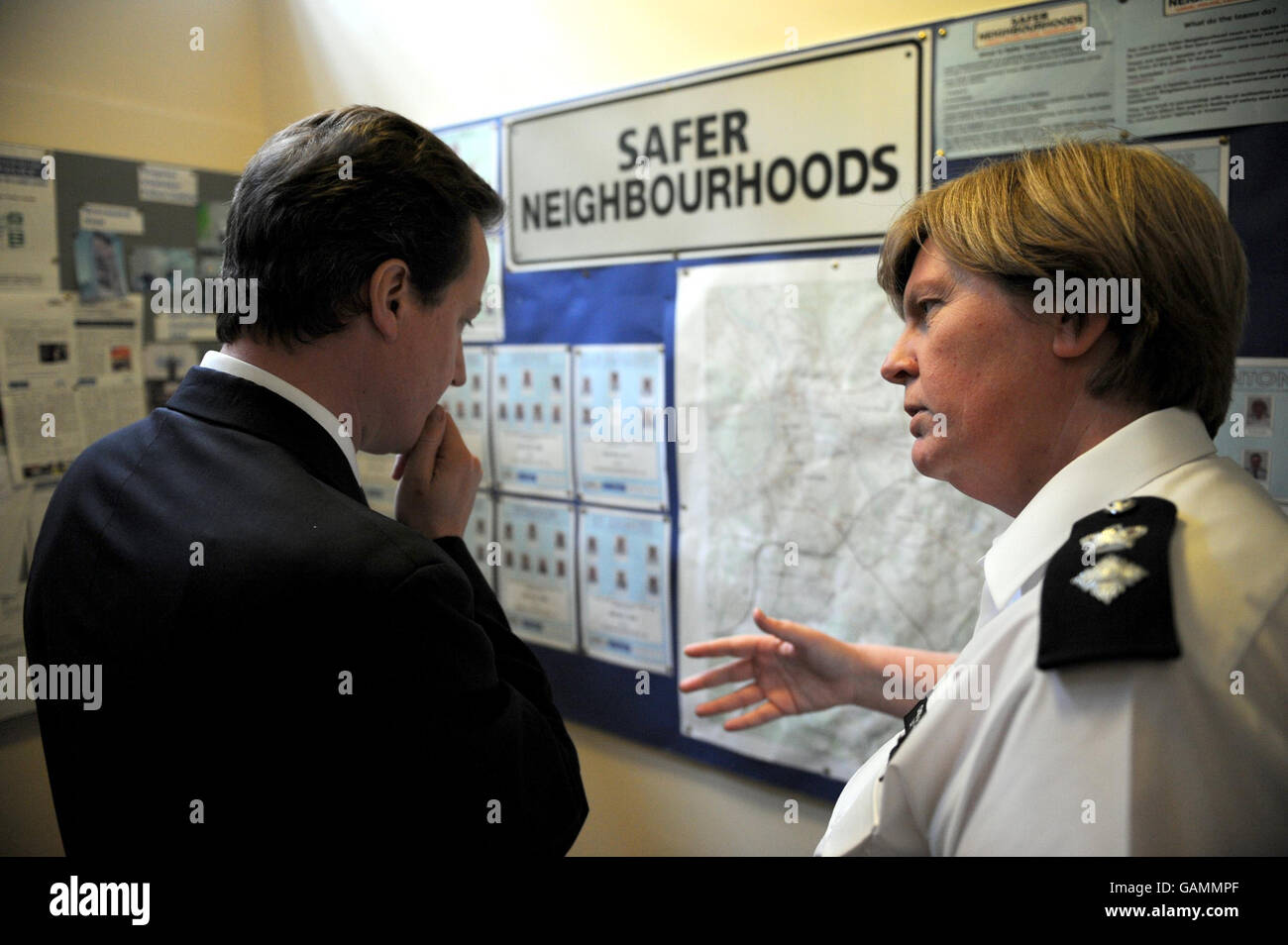 Cameron visits police station Stock Photo