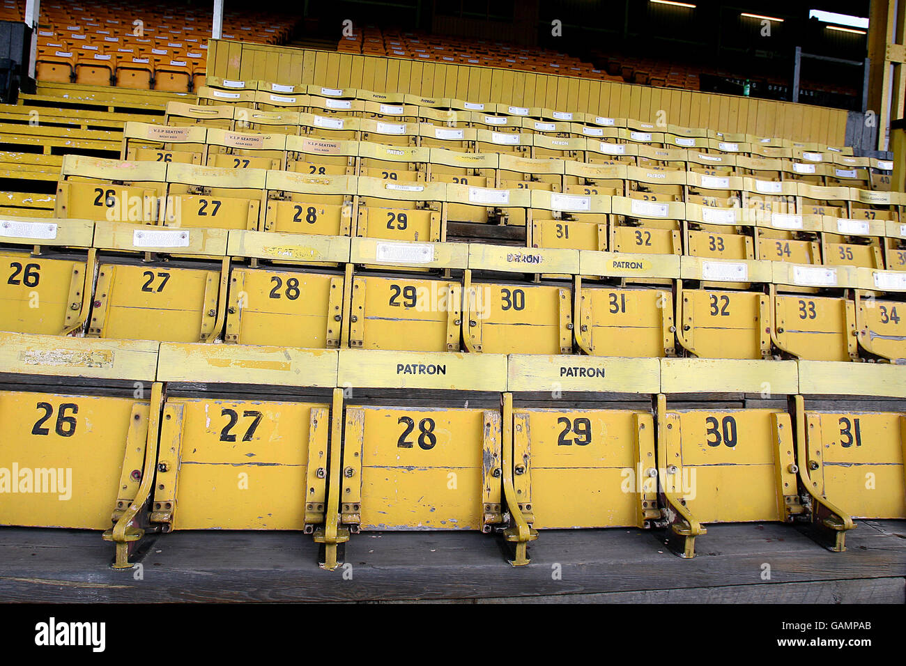 Rugby League - Engage Super League - Castleford Tigers v St Helens - The Jungle. General view of yellow VIP seating at Wheldon Road Stadium, also know as 'The Jungle', home of Castleford Tigers Stock Photo