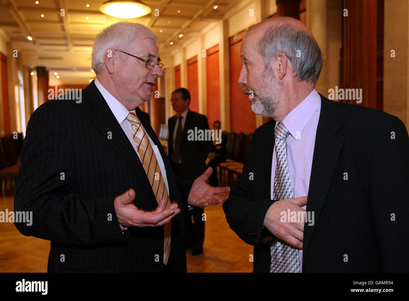 Michael Gallagher (left), Chairman of the Omagh support and self help group, with Alliance Party Leader, David Ford at Parliament Buildings Stormont, Belfast. Stock Photo