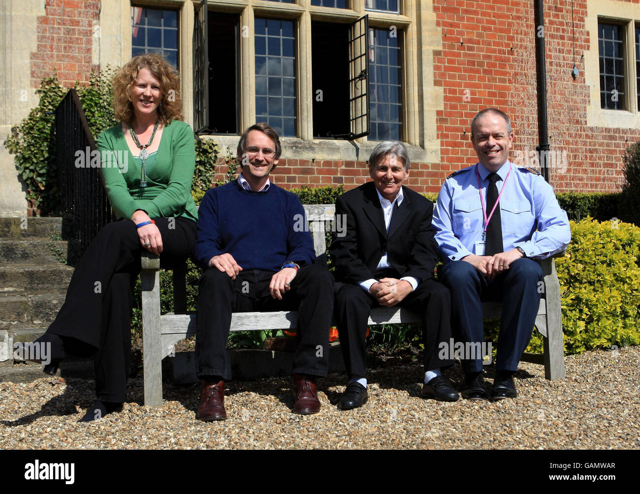 L-R Emma Parry, Bryn Parry, former jockey and commentator Willie Carson and Wing Commander Steven Beaumont at Headley Court as the charity Help for Heroes is announced as the official charity for the 2008 Derby Festival. Stock Photo