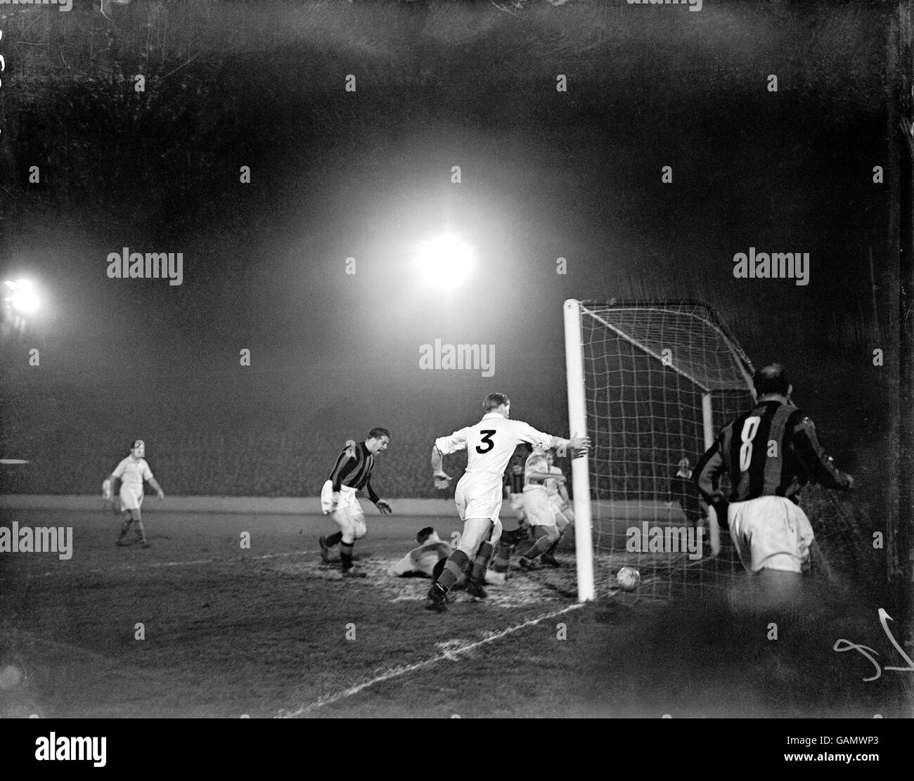 Soccer - Friendly - West Ham United v AC Milan. West Ham United's Ken Brown (second r, face obscured) puts the ball into his own net to gift AC Milan their opening goal Stock Photo