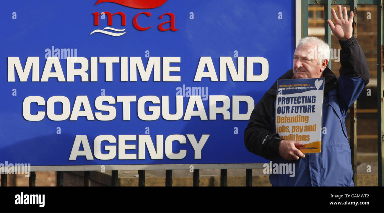 Coastguard strike. A coastguard strike picket line at HM Coastguard