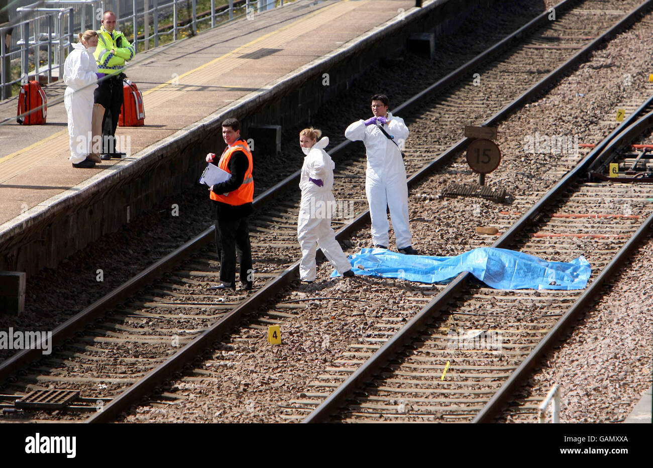 Forensics work on the track at Harlow Mill Railway Station, Essex