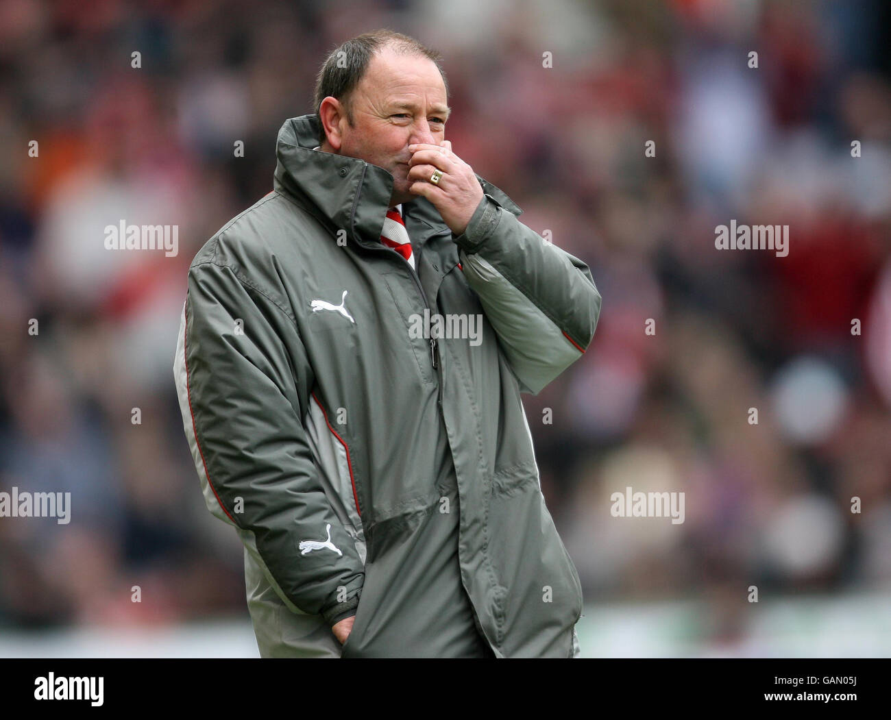 Bristol City's manager Gary Johnson looks dejected during the Coca-Cola Championship match at the Britannia Stadium, Stoke. Stock Photo