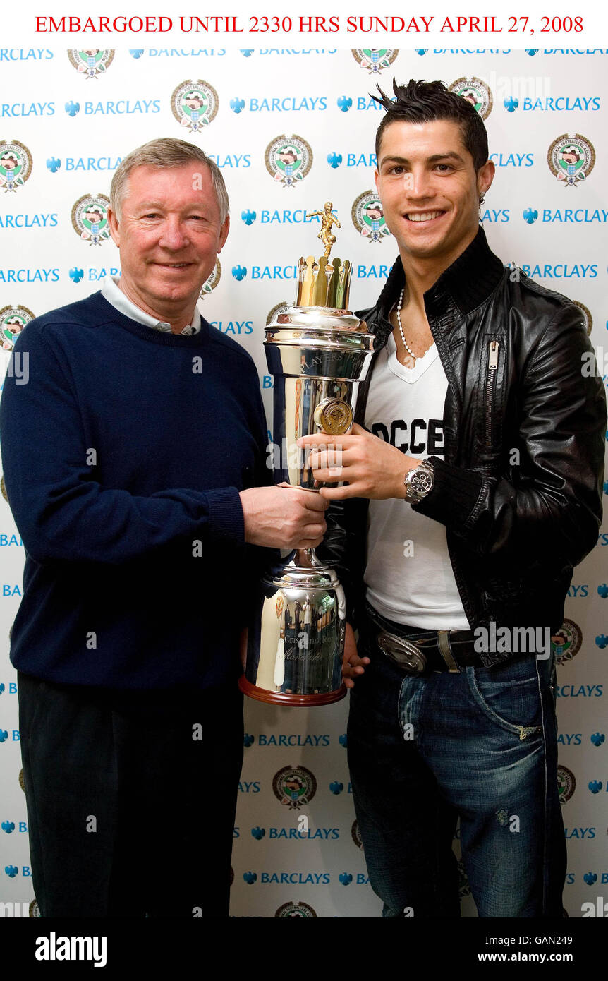 Manchester United manager Alex Ferguson with PFA Players Player of the Year award winner Cristiano Ronaldo at Carrington, Manchester. Stock Photo