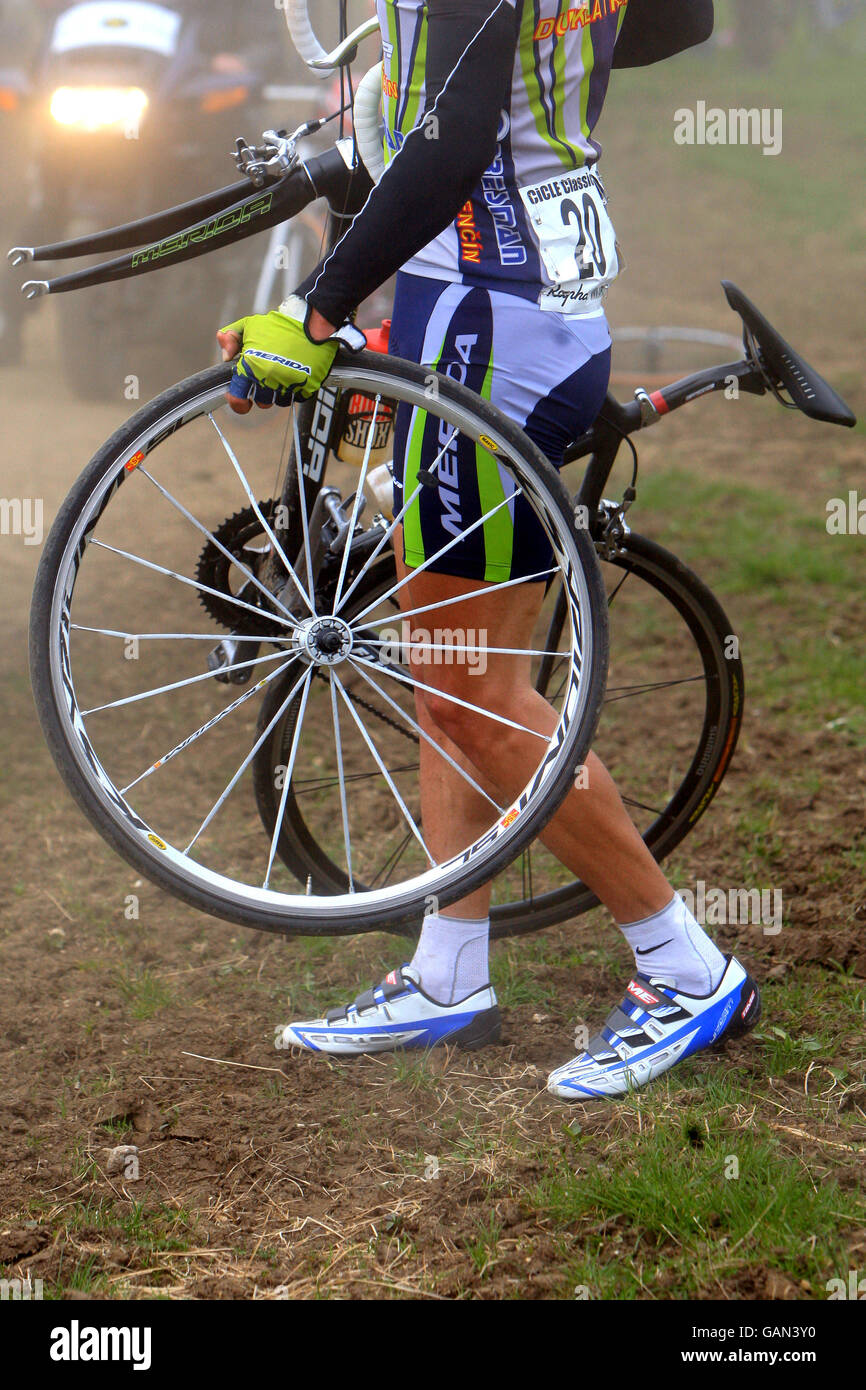 Dukla Merida Tren's Jan Sipeky gets his wheel changed Stock Photo