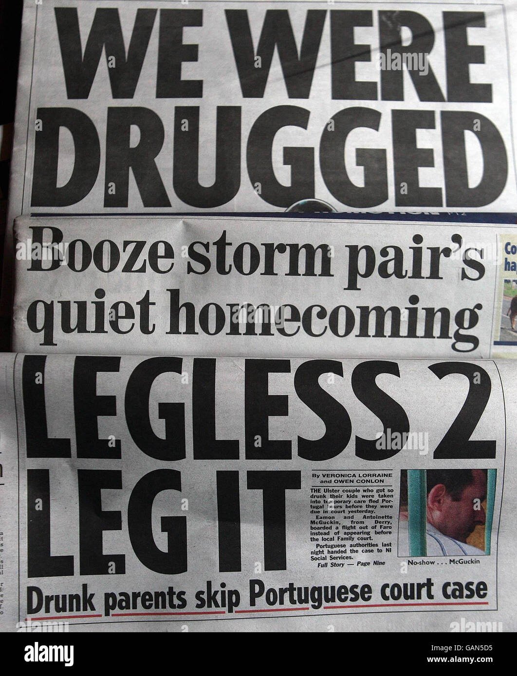 A selection of today's Northen Ireland newspaper headlines about the Eamon and Antoinette McGuckin from Upperlands in Northern Ireland, who today rebutted claims that they were drunk in charge of three young children, whilst on vacation.The Family today put out a statement denying newspaper reports about them. Stock Photo