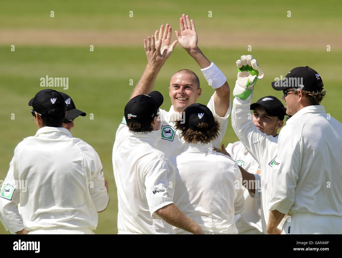 New Zealand's Chris Martin celbrates the wicket of England Lions batsman Matt Prior during the Tour match at The Rose Bowl, Southampton. Stock Photo