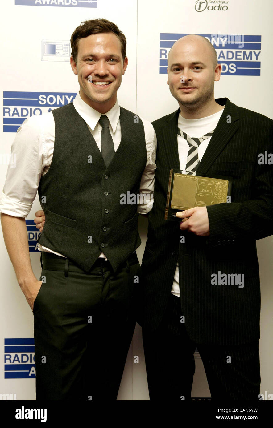 Will Young presents the Music Broadcaster of the Year Award to Andi Durrant of Galaxy Radio during the Sony Radio Academy Awards at the Grosvenor House Hotel in central London. Stock Photo