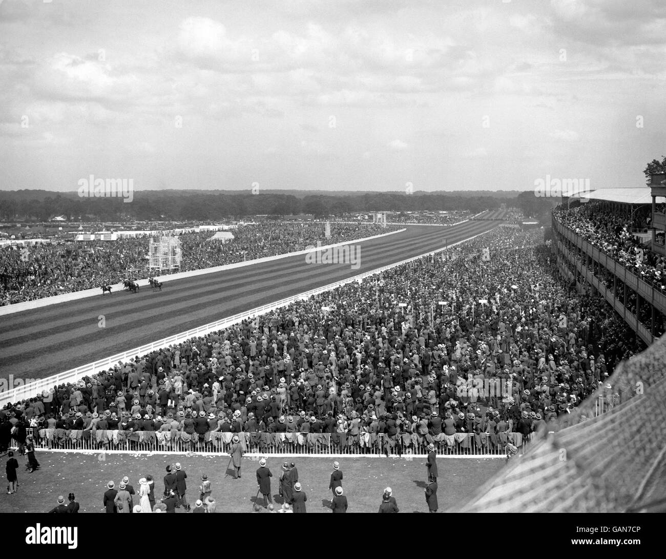 Horse racing - Ascot - Gold Cup - 1930. A general view of the crowd and the course while racing was in progress. Stock Photo
