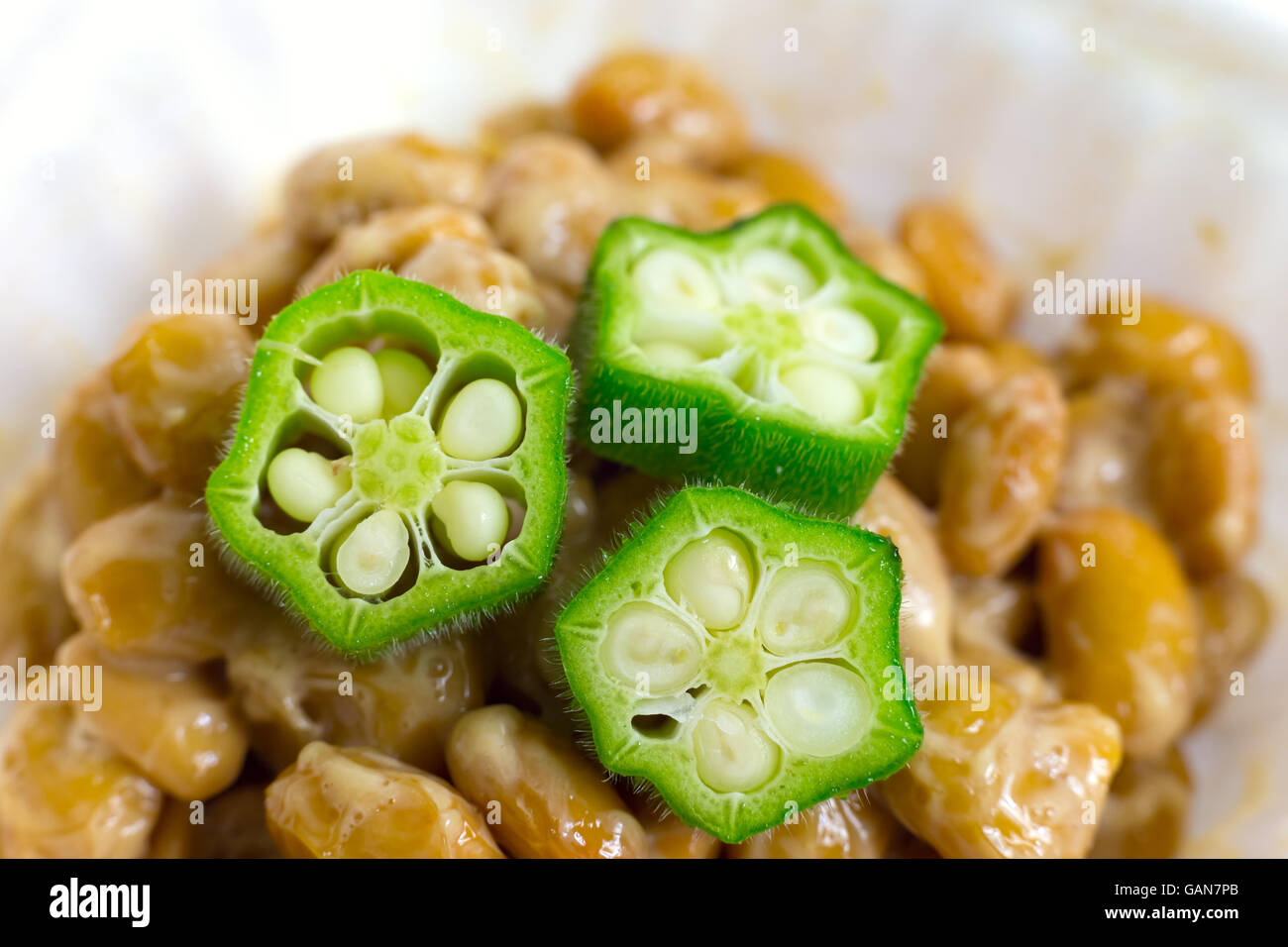 Close up of okra and fermented soybeans known as Natto in Japan