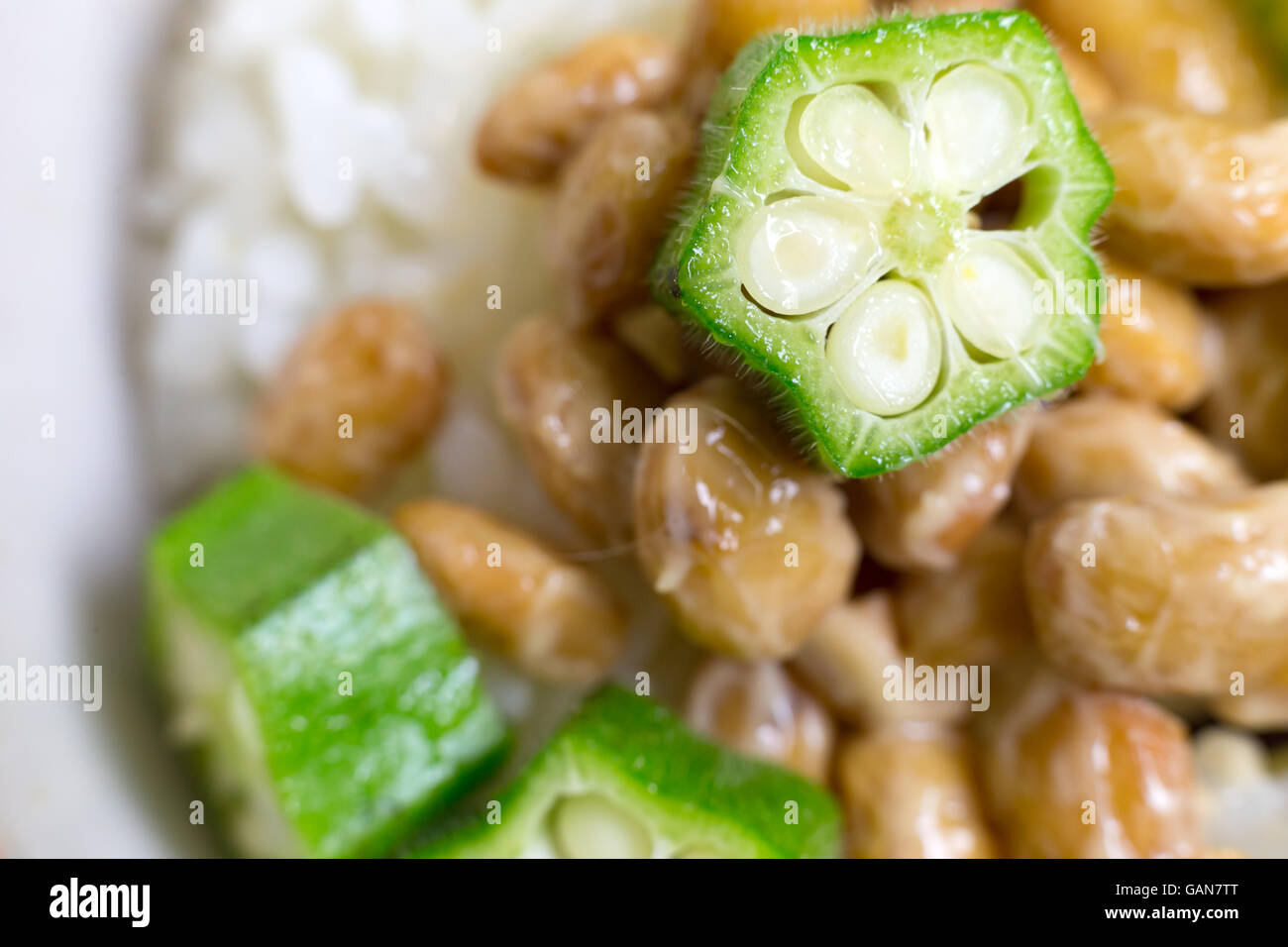 Close up of okra and fermented soybeans known as Natto in Japan