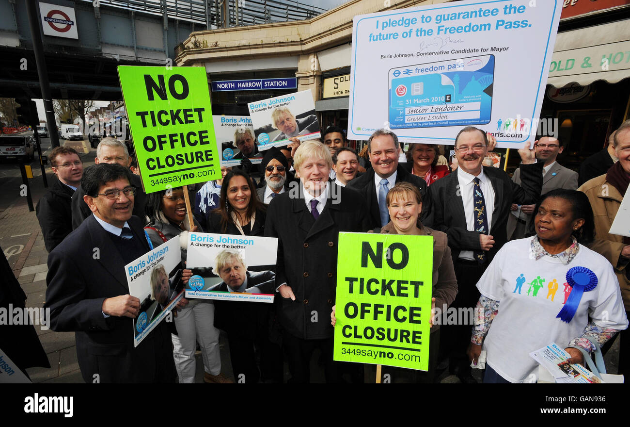 Photo of Conservative London Mayoral candidate, Boris Johnson, in High Street, Wembley, London, where he stopped off to lend his support to a local protest against the current plans backed by Mayor Ken Livingstone to close the ticket office at North Harrow station, during his campaign trail today ahead of the Mayoral election on May 1st. Stock Photo