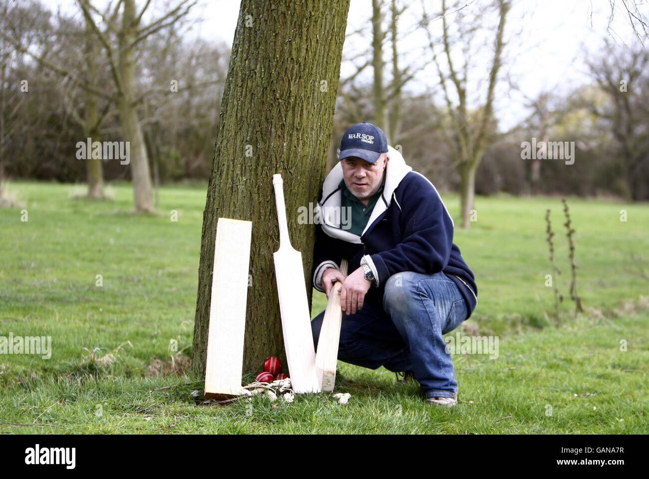 Handmade cricket bat maker Tony Sains at work getting bats ready for