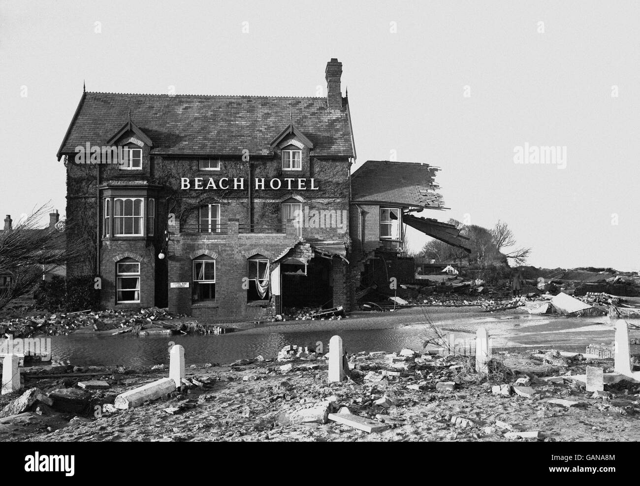 The wreckage of the Beach Hotel, Sutton-on-Sea, two miles south of Mablethorpe, Lincolnshire, where severe damage has been done by the floods which hit Britain's east coast. Stock Photo