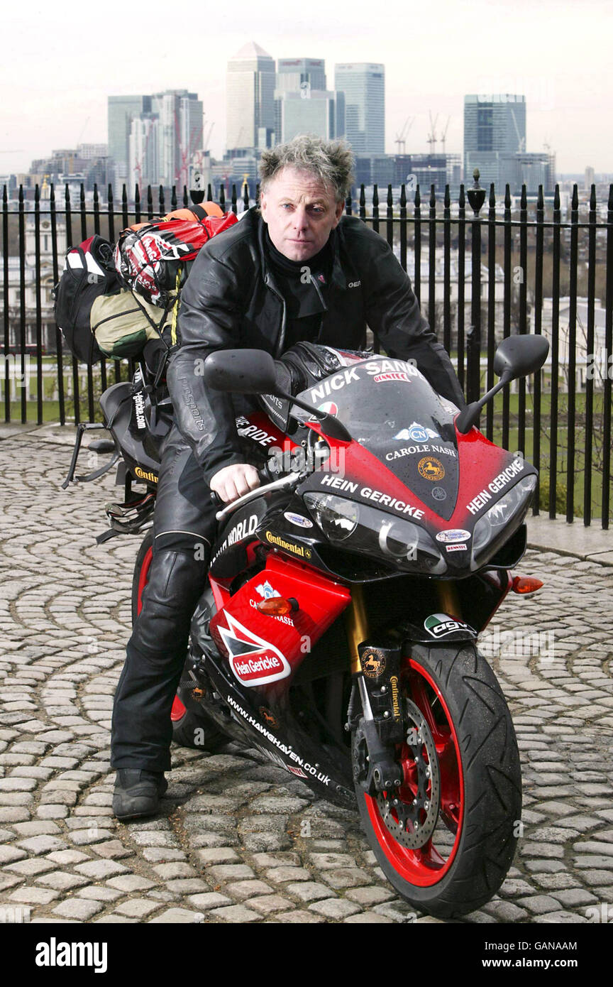 Nick Sanders motorcycle challenge - Greenwich Stock Photo