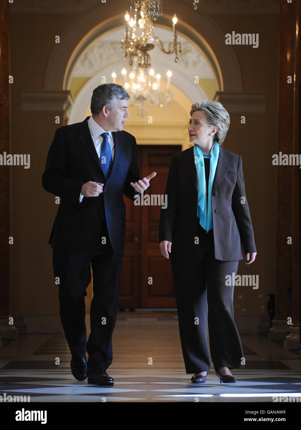 Britain's Prime Minister Gordon Brown meets Democrat Presidential candidate Hilary Clinton at the British Residence in Washington DC today, on the second day of his three day visit to the U.S. Stock Photo