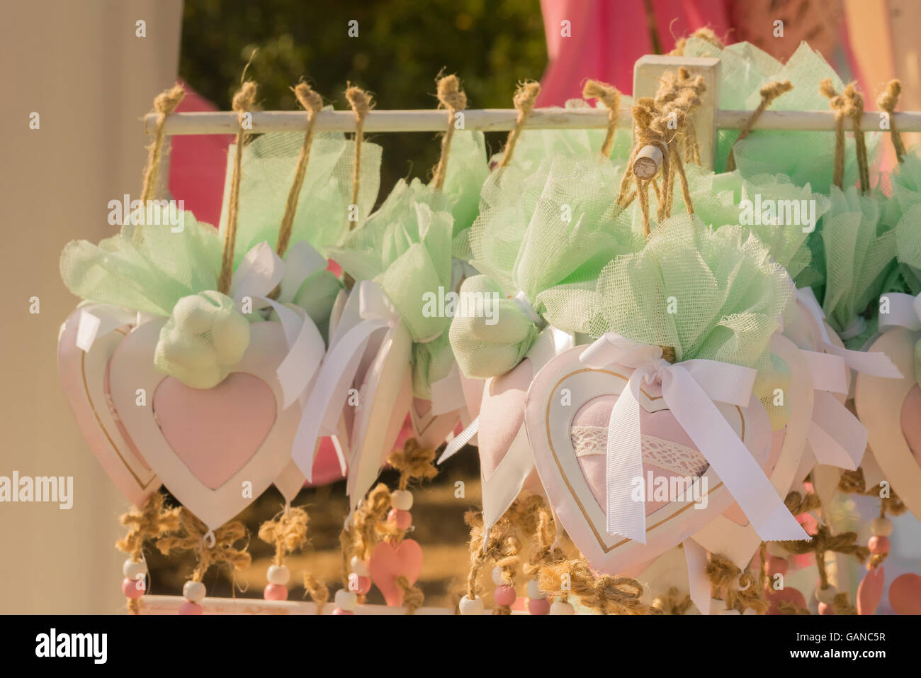 Heart decorations at a baptism in Greece. Stock Photo
