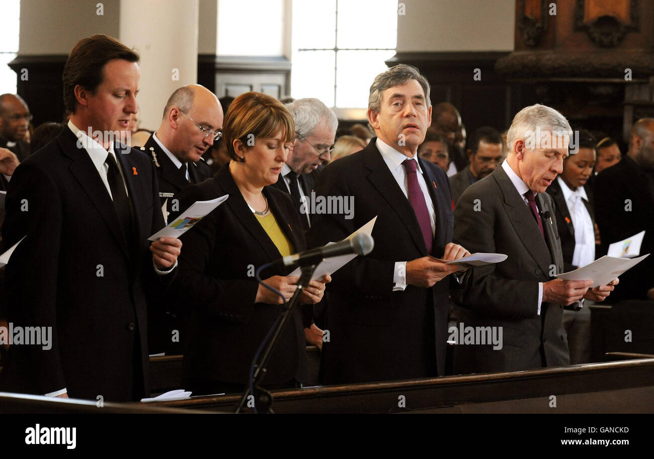 Left to right. David Cameron, Conservative Leader, Jacqui Smith, Home Secretary, Prime Minister Gordon Brown and and Jack Straw, Lord Chancellor, sing a hymn during the memorial service for Stephen Lawrence at St Martin's in-the-Fields Church in central London. Stock Photo