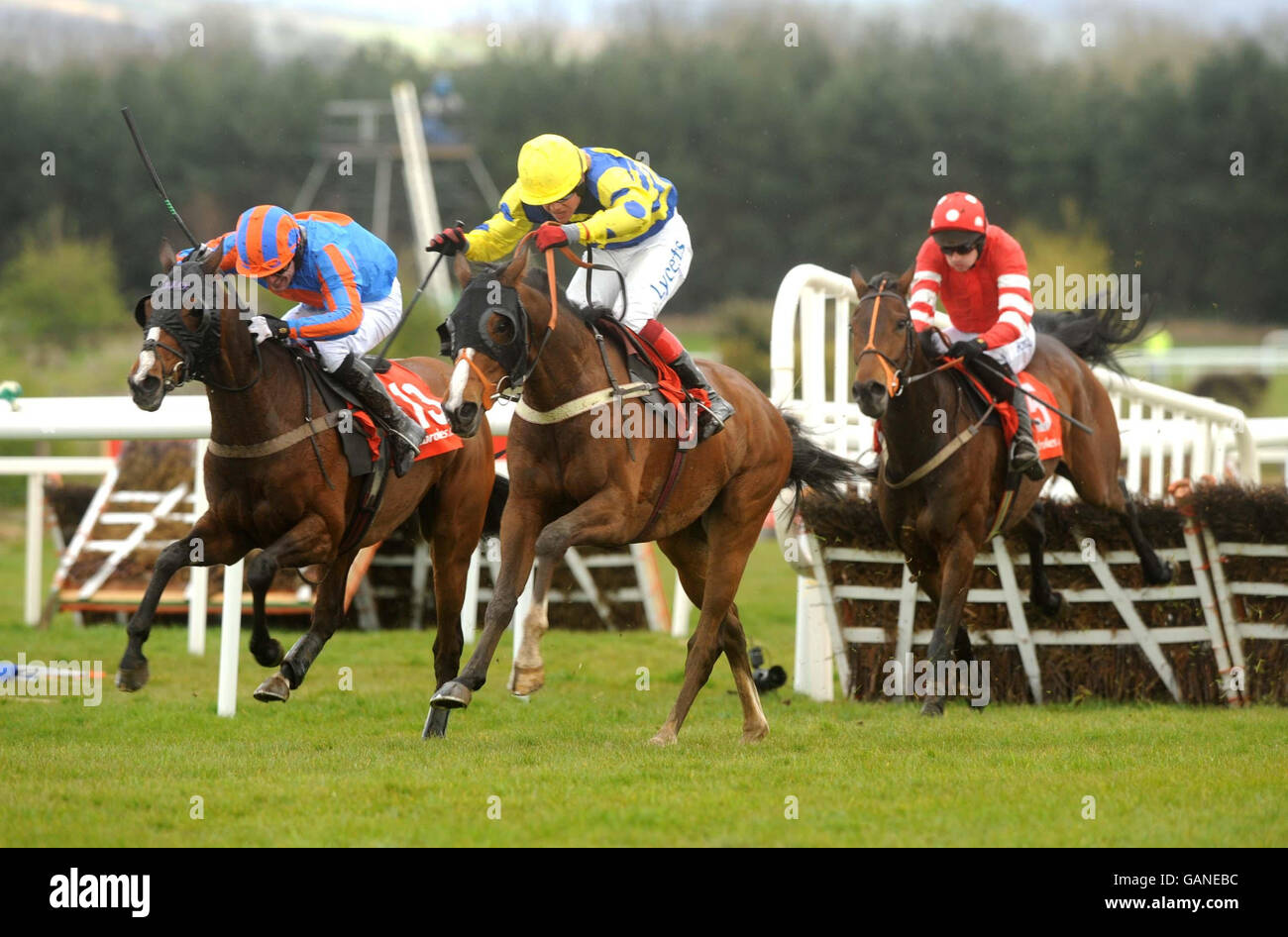 Robert Thornton on Blazing Bailey, (centre) trained by Alan King, wins the Ladbrokes.com World Series Hurdle during the 2008 National Hunt Festival at Punchestown Racecourse, Ireland. Stock Photo