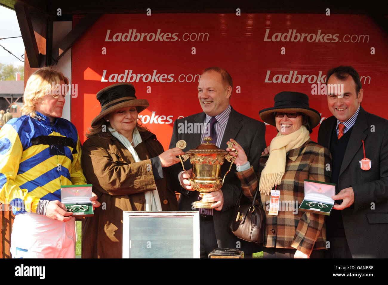 (Left to Right) Robert Thornton, Caroline Caddick of the owners syndicate Three Line Whip, Joe Lewins from Ladbrokes Ireland, Lesley Field of Three Line Whip syndicate and trainer Alan King after Blazing Bailey won the Ladbrokes.com World Series Hurdle during the 2008 National Hunt Festival at Punchestown Racecourse, Ireland. Stock Photo