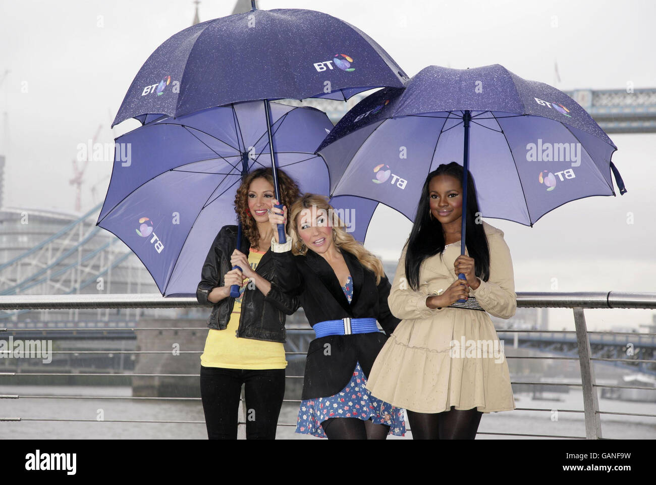 (From left to right) Amelle Barrabah, Heidi Range and Keisha Buchanan of the Sugababes during a photocall at St Katherine's Dock, before performing onboard Dame Ellen MacArthur's new yacht 'BT Open 60' to launch BT's sponsorship of both the yacht and the 2008 Isle of Wight Festival, on the River Thames in central London. Picture date: Tuesday April 29, 2008. Photo credit should read: Yui Mok/PA Wire Stock Photo