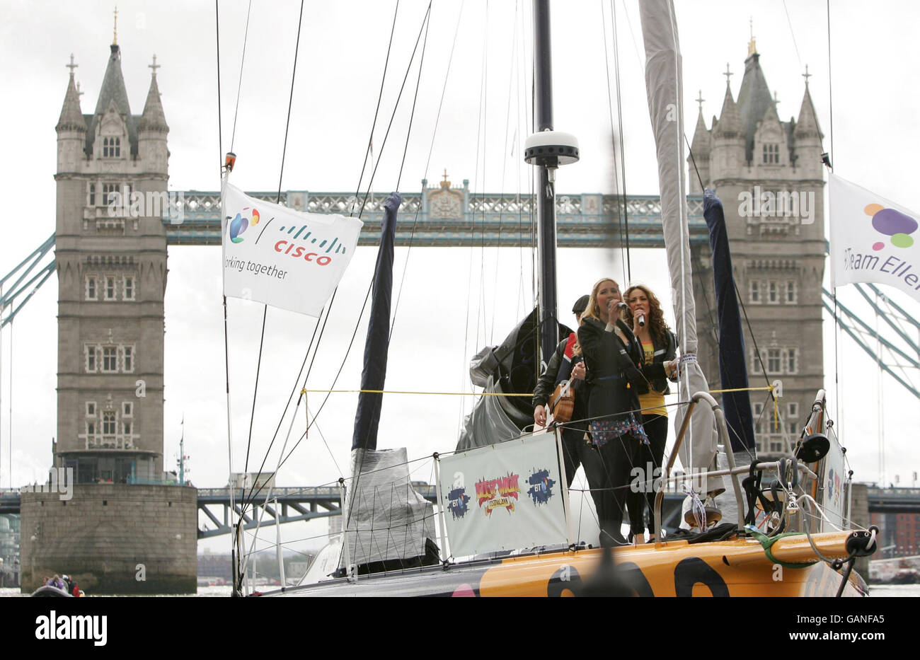 The Sugababes perform onboard Dame Ellen MacArthur's new yacht 'BT Open 60' to launch BT's sponsorship of both the yacht and the 2008 Isle of Wight Festival, on the River Thames in central London. Picture date: Tuesday April 29, 2008. Photo credit should read: Yui Mok/PA Wire Stock Photo
