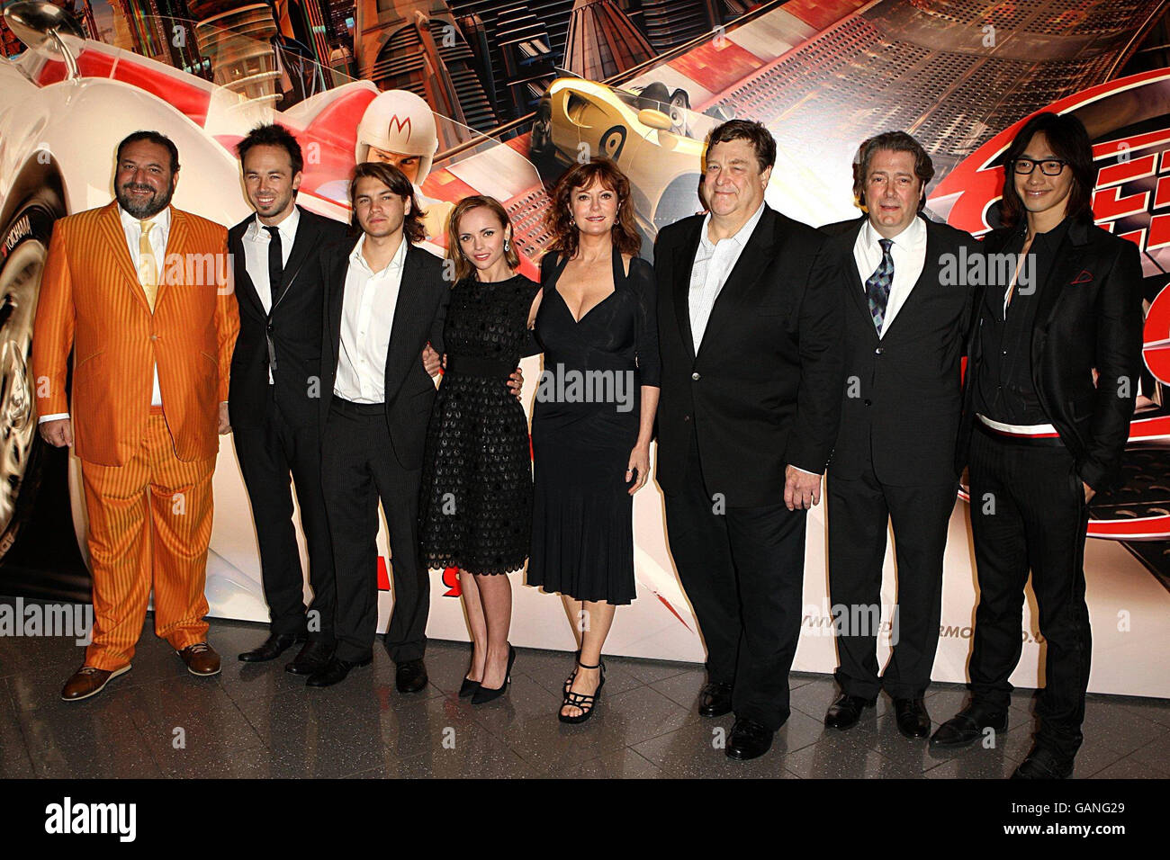 Cast and crew members (left-right) producer Joel Silver, Kirk Gurry, Emile Hirsch, Christina Ricci, Susan Sarandon, John Goodman, Roger Allam and Rain arrive for the UK premiere of Speed Racer at the Empire Leicester Square in central London. Stock Photo