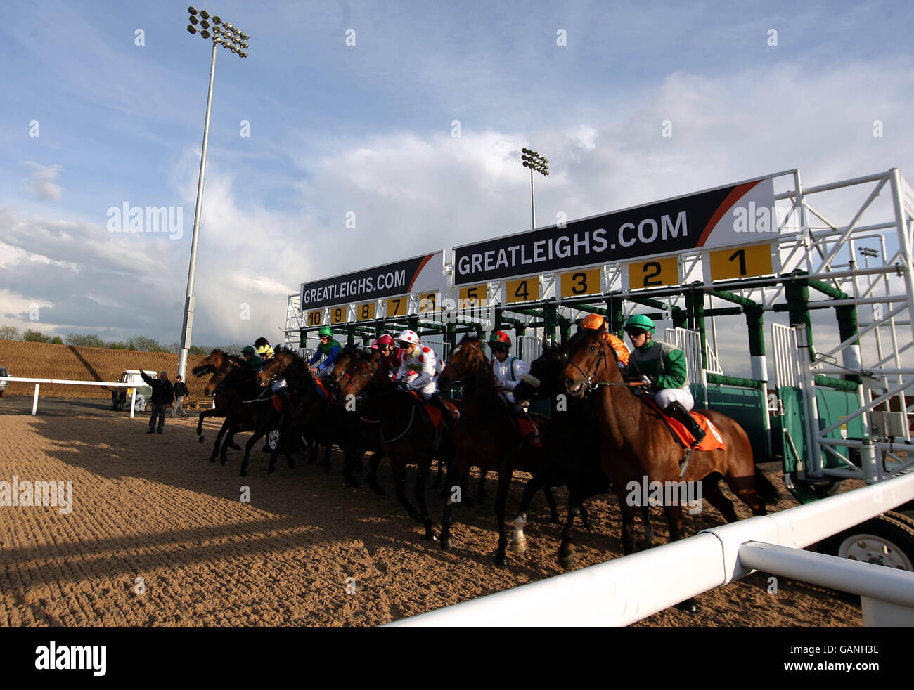 The start of the Claret Handicap Stakes Race at Great Leighs all weather track Stock Photo