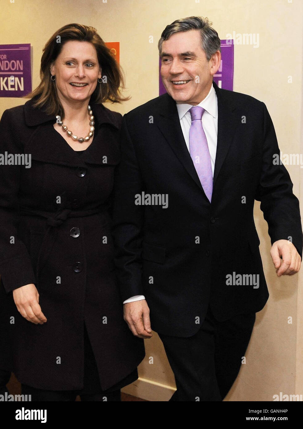 Prime Minister Gordon Brown and his wife Sarah arrive at Labour Party headquarters in London tonight where they met and thanked election campaign workers. Stock Photo