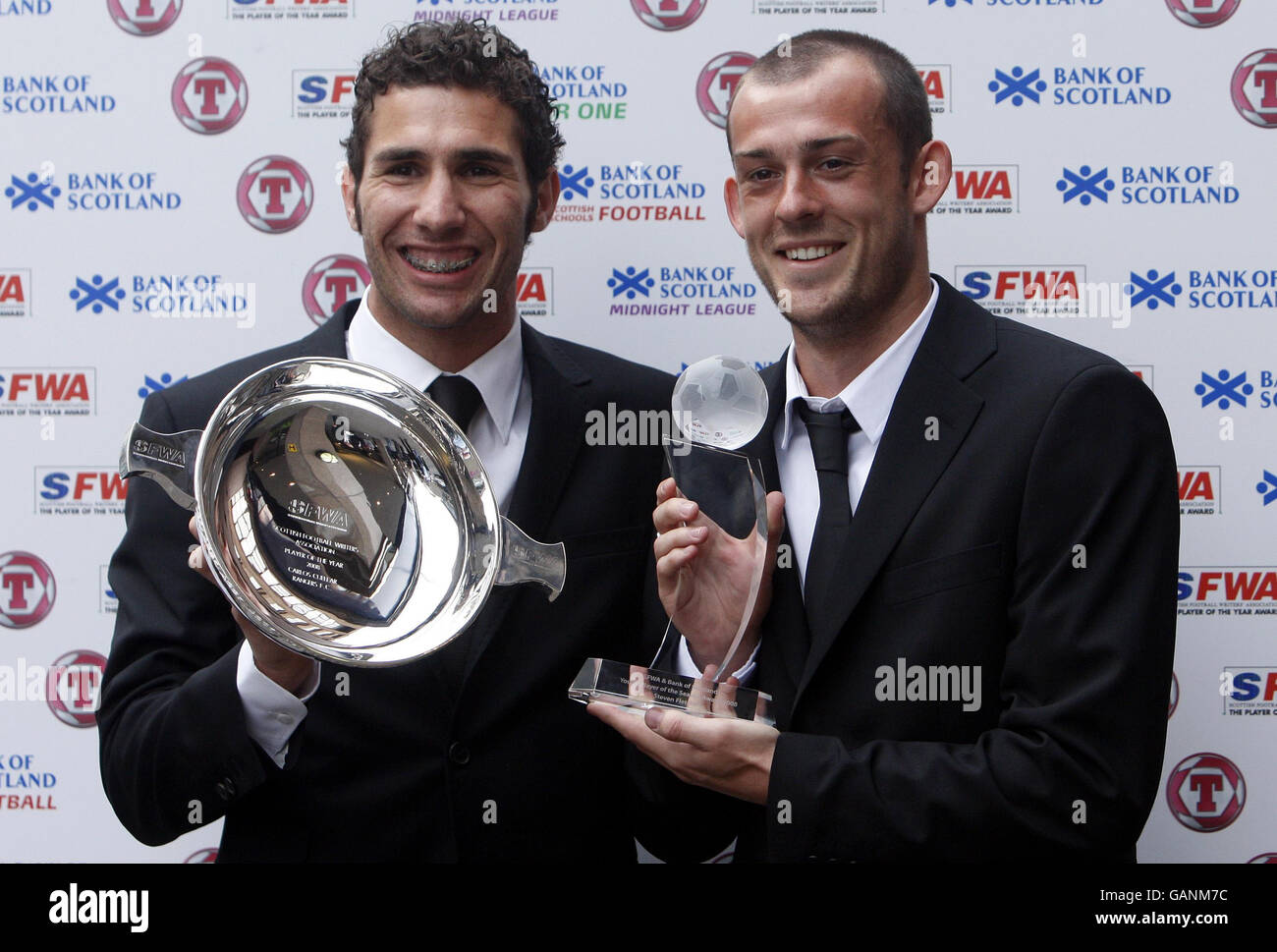 Player of the year Carlos Cuellar (left) and Young Player of the Year Steven Fletcher, ahead of the Scottish Football Writers Association Awards Dinner at the Thistle Hotel in Glasgow. Stock Photo