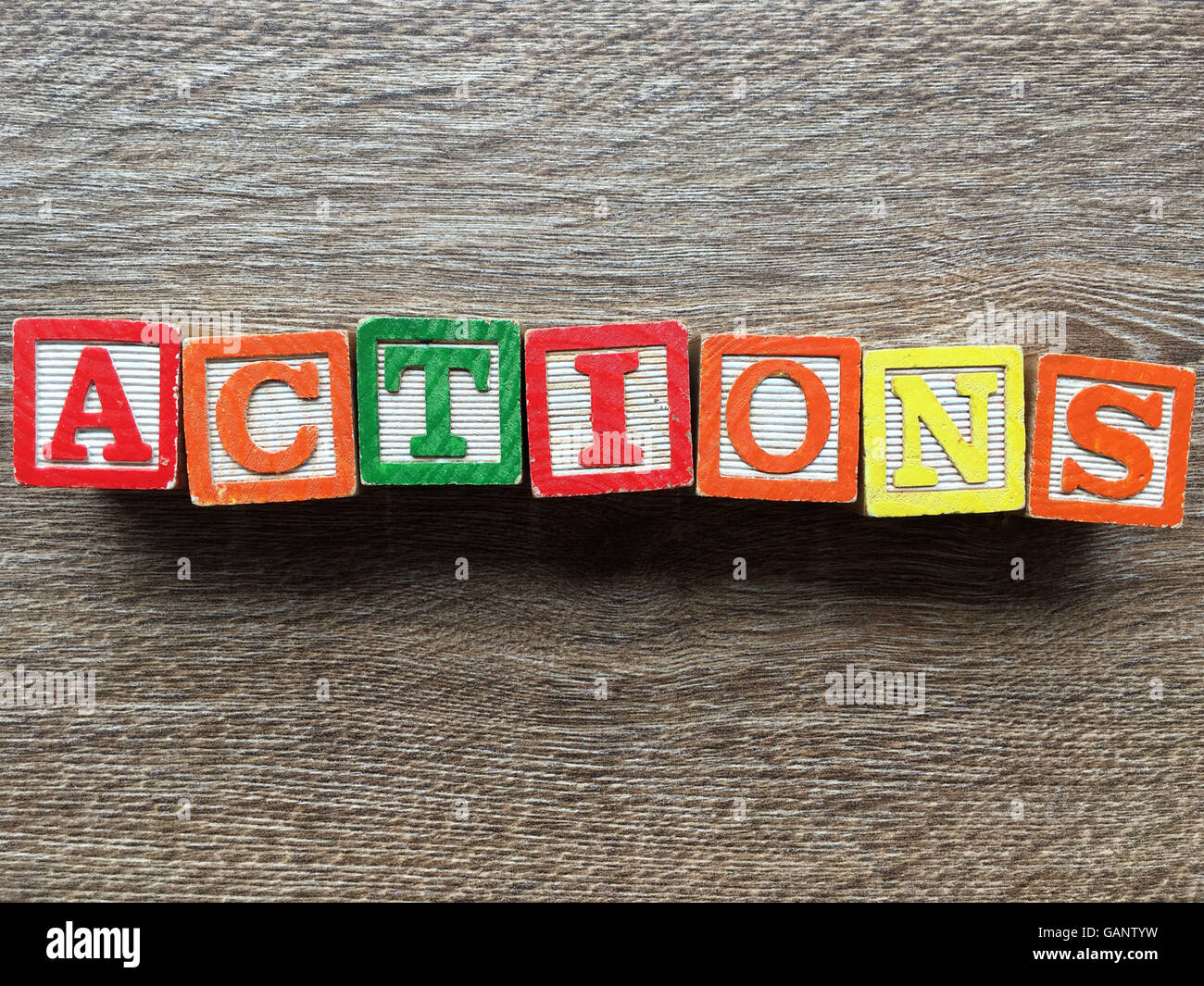 Actions word made with toy wood blocks letters Stock Photo