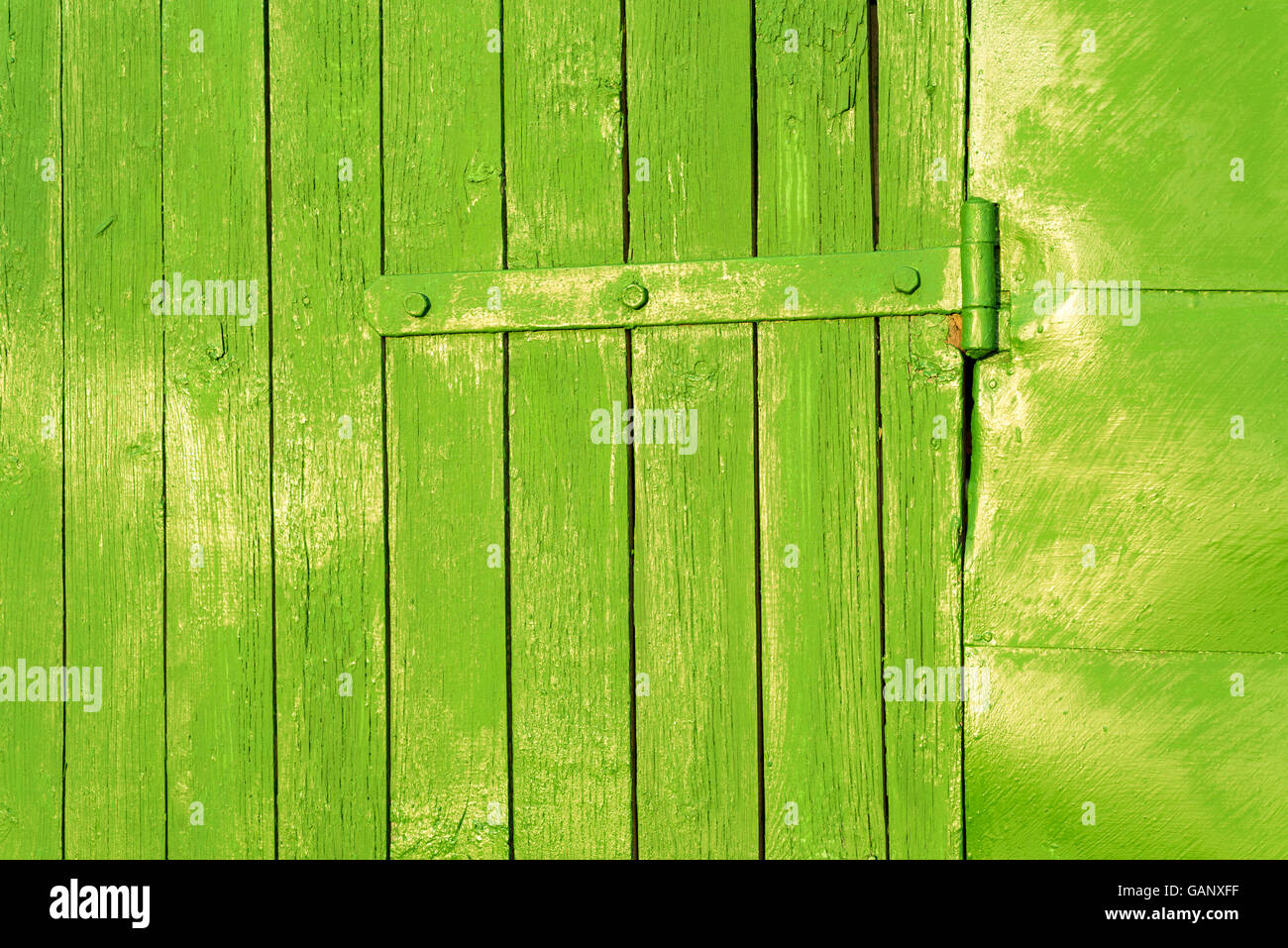 Old bright green painted door hinge on faded aged wood Stock Photo