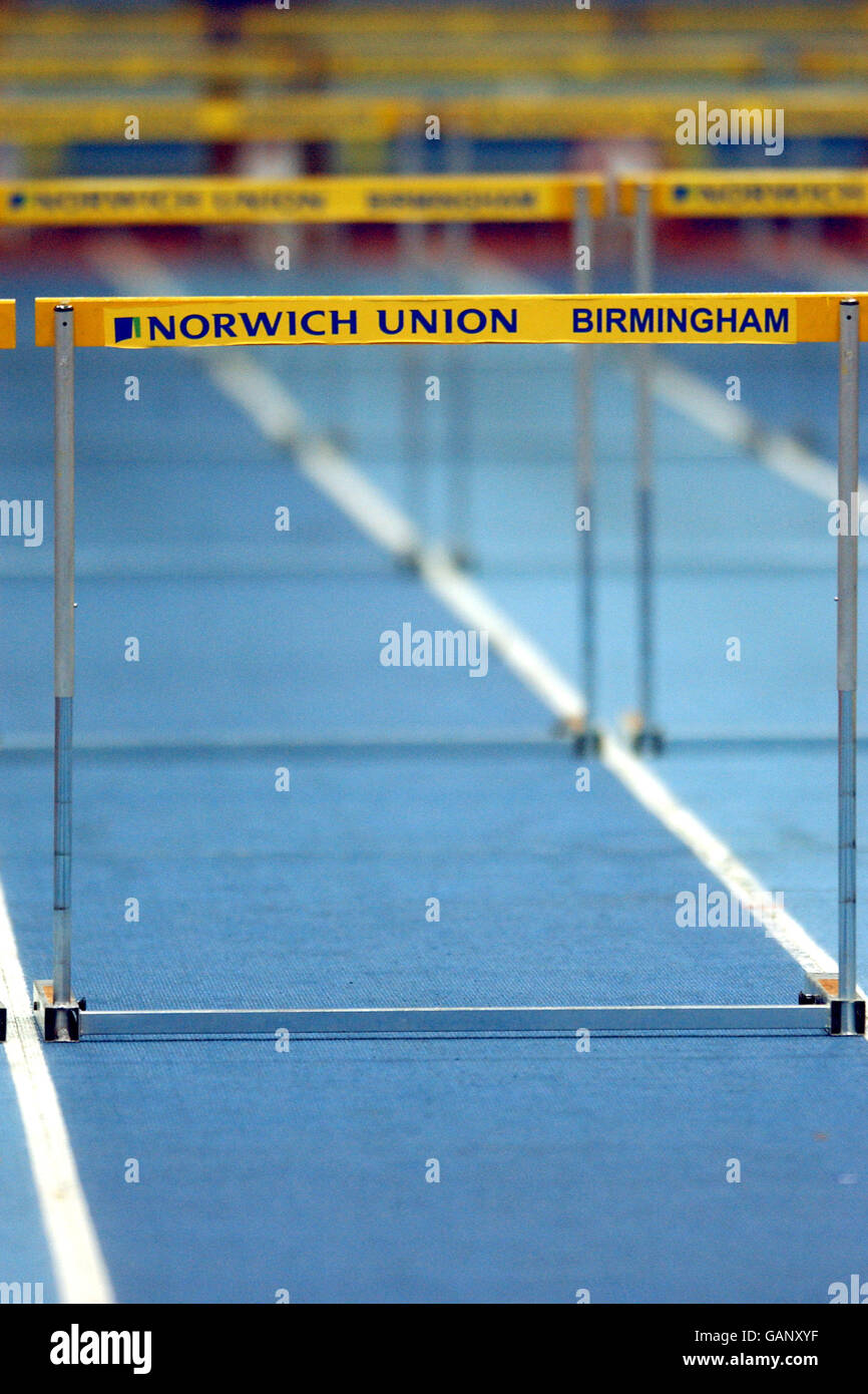 Athletics - Norwich Union World Indoor Trials & AAAs Championships - Birmingham. The hurdles are set out ready for the competition Stock Photo