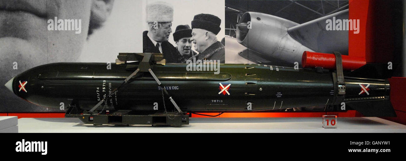 An air-launched nuclear bomb on display at the new Dan Dare and the Birth of Hi-tech Britain exhibition, which opened today at the Science Museum in London. Stock Photo