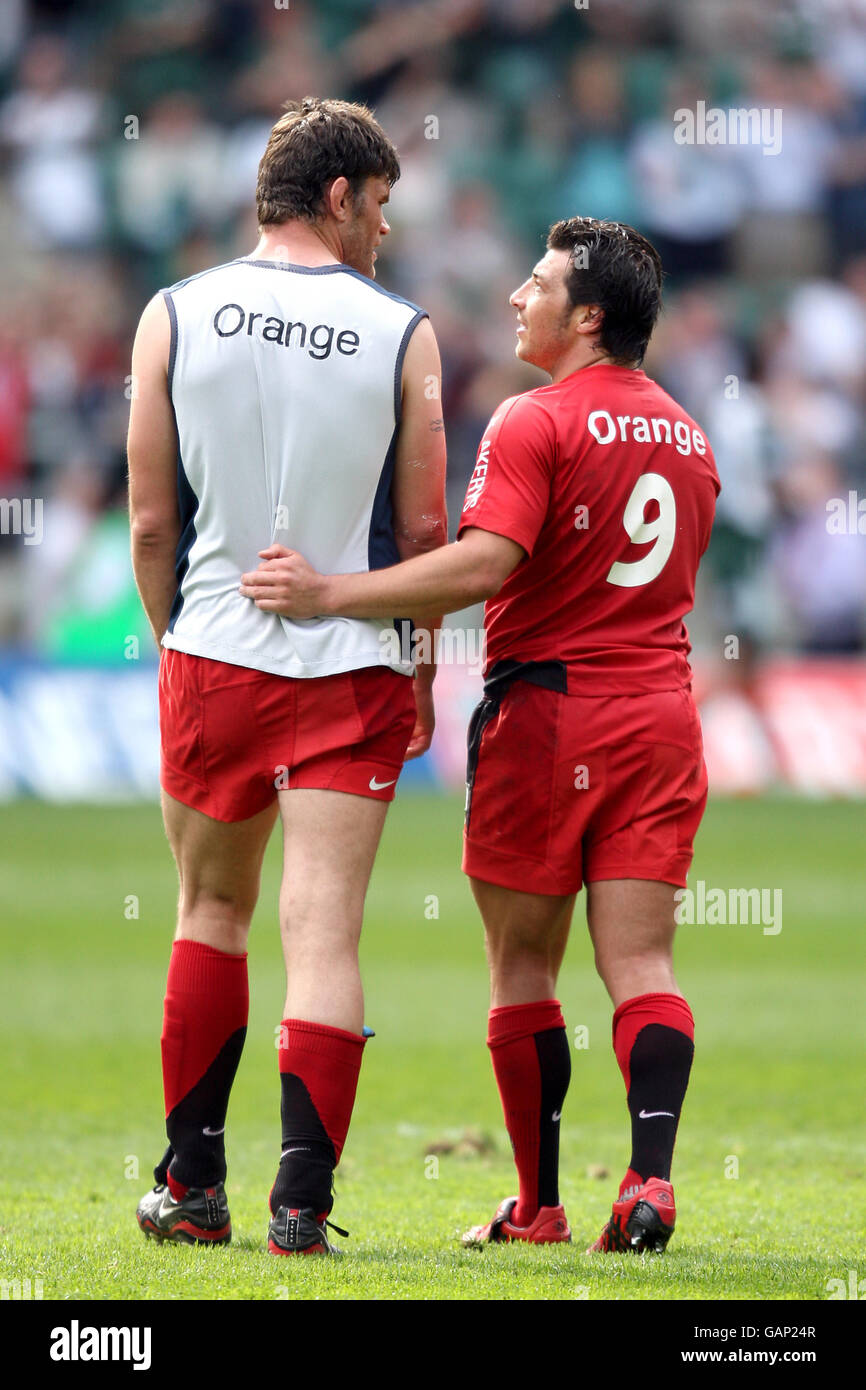 Toulouse's Fabien pelous (l) and Byron Kelleher congratulate each other after winning against London irish Stock Photo